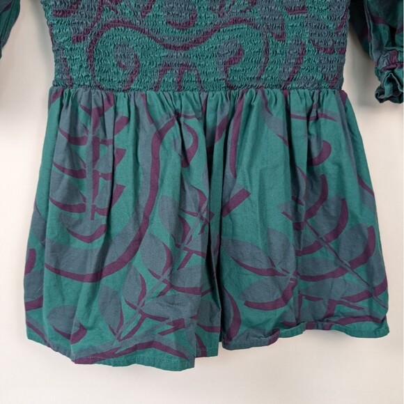 Porridge Smocked Peasant Top Teal Purple Leaf Print Cotton – Women’s M - Picture 3 of 11